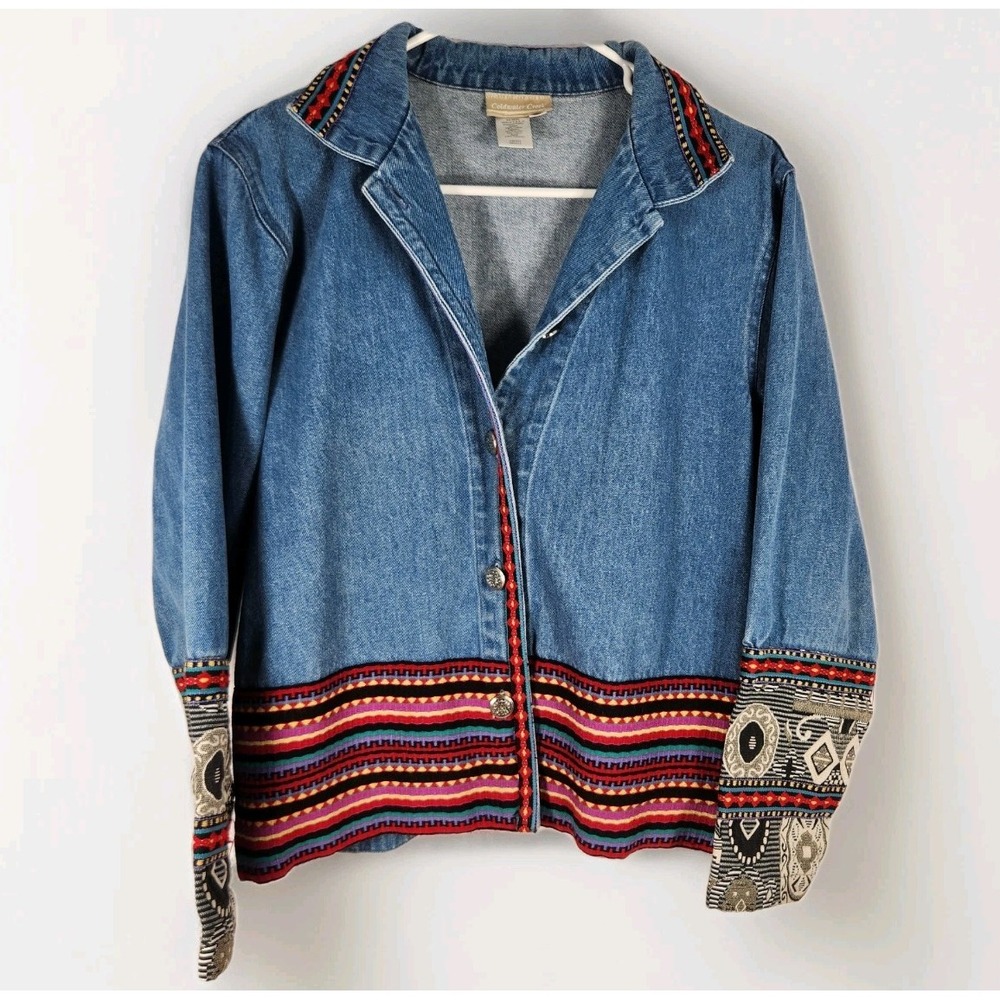 Vintage Denim Coldwater‎ Creek Boho Jacket Womens Medium Aztec Embroidered